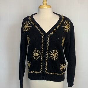 Huntington Ridge black cardigan sweater gold yarn and bead snowflakes, Medium